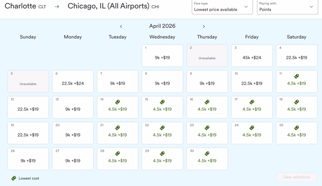 Alaska-Calendar-view-of-points-prices-for-CLT-to-ORD-in-April-2026
