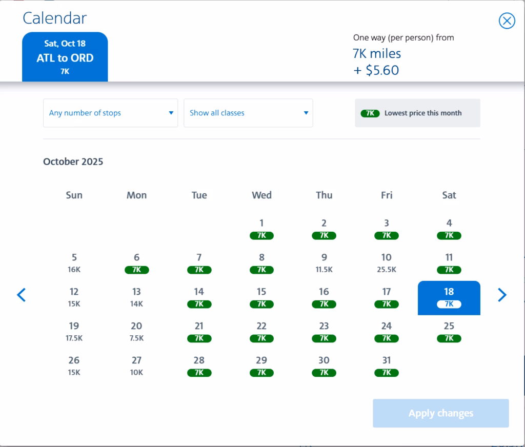 American award calendar ATL to ORD highlighting lowest-mile dates