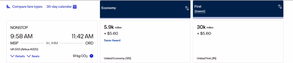 United Airlines flight from MSP to ORD for a rewards rate of 5,900 United miles. 