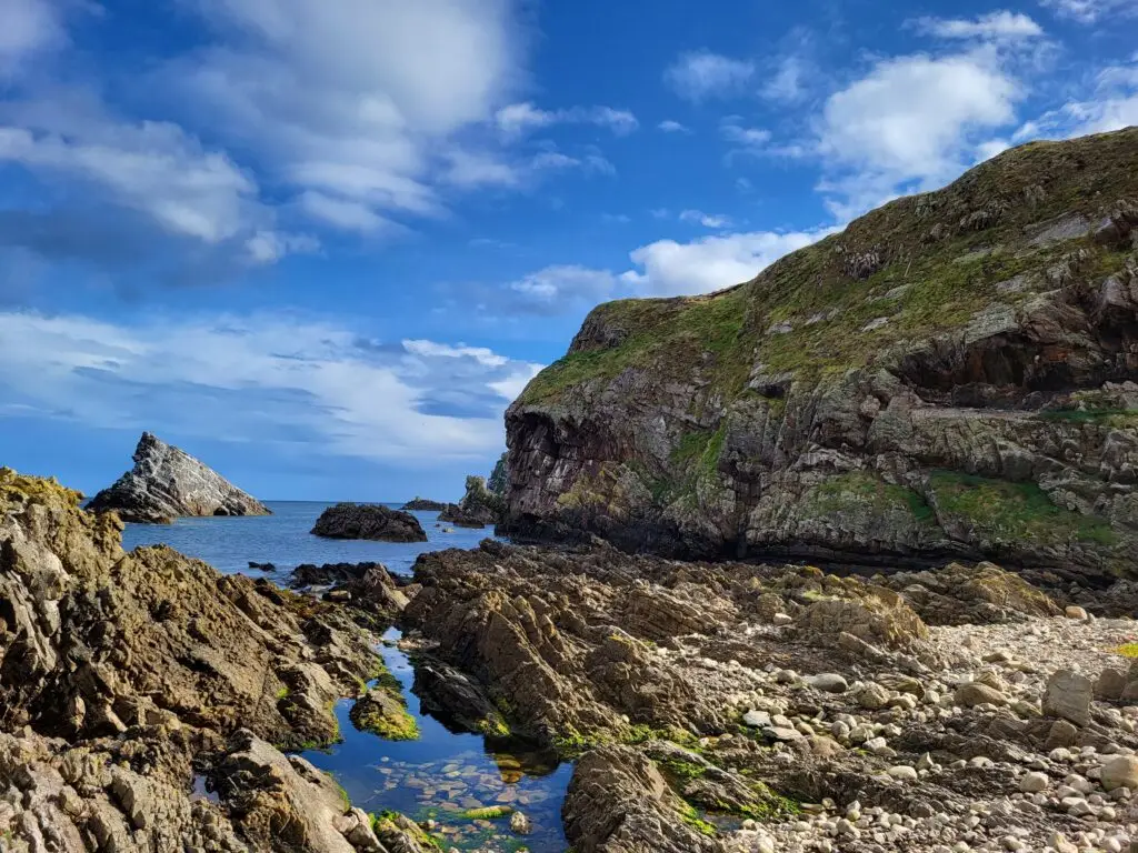 Portknockie in Scotland, view of rocks and ocean.