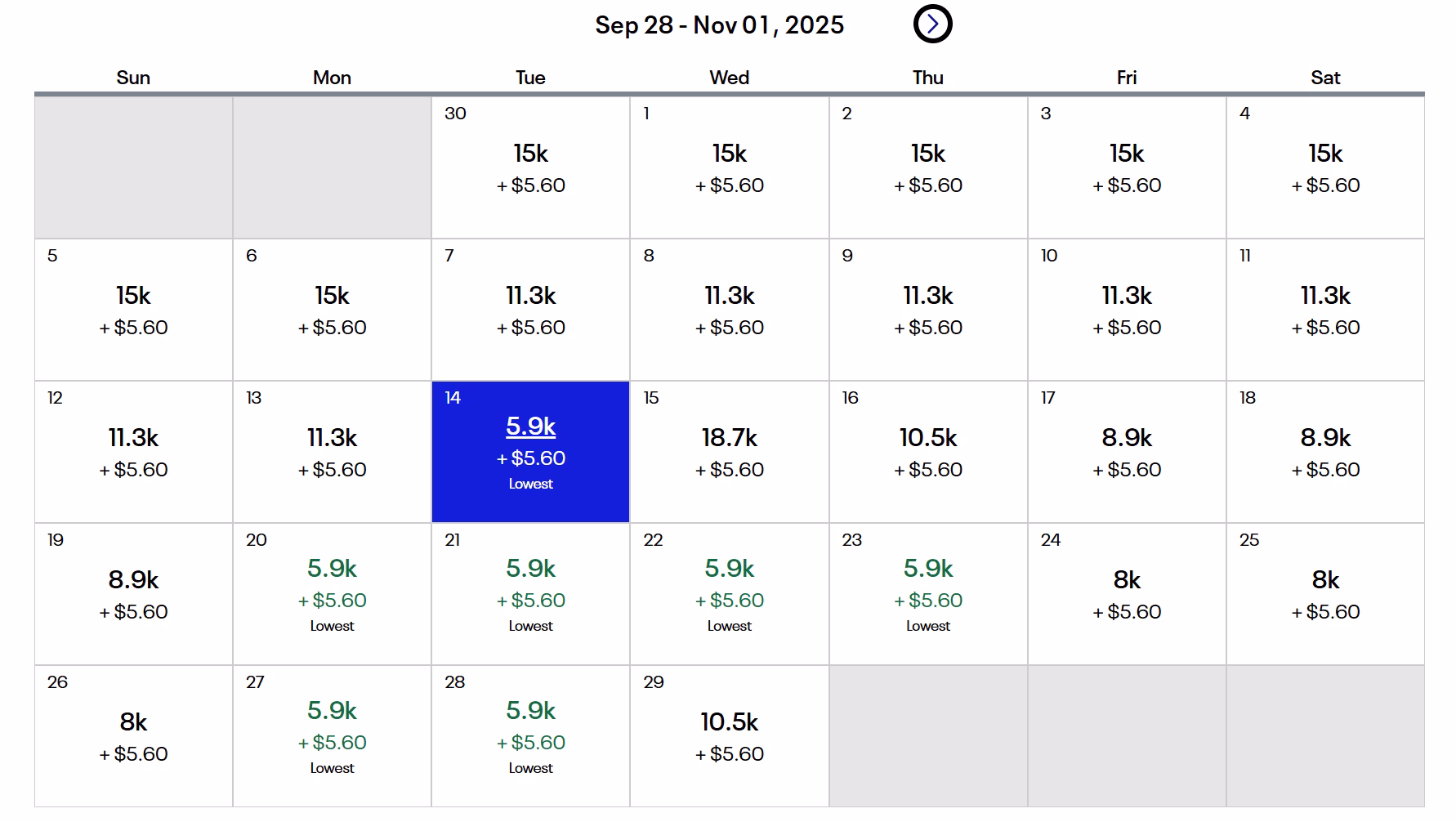 United 30-day award calendar MSP to ORD showing 5,900-mile dates