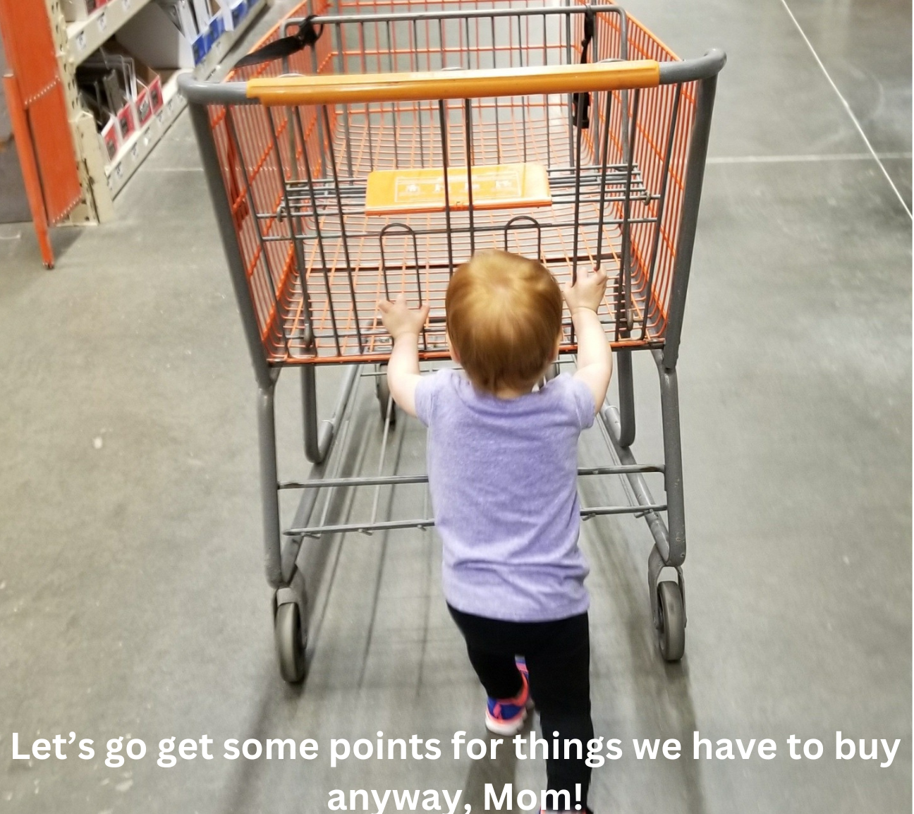 Photo of a small child with red hair pushing a Home Depot shopping cart.