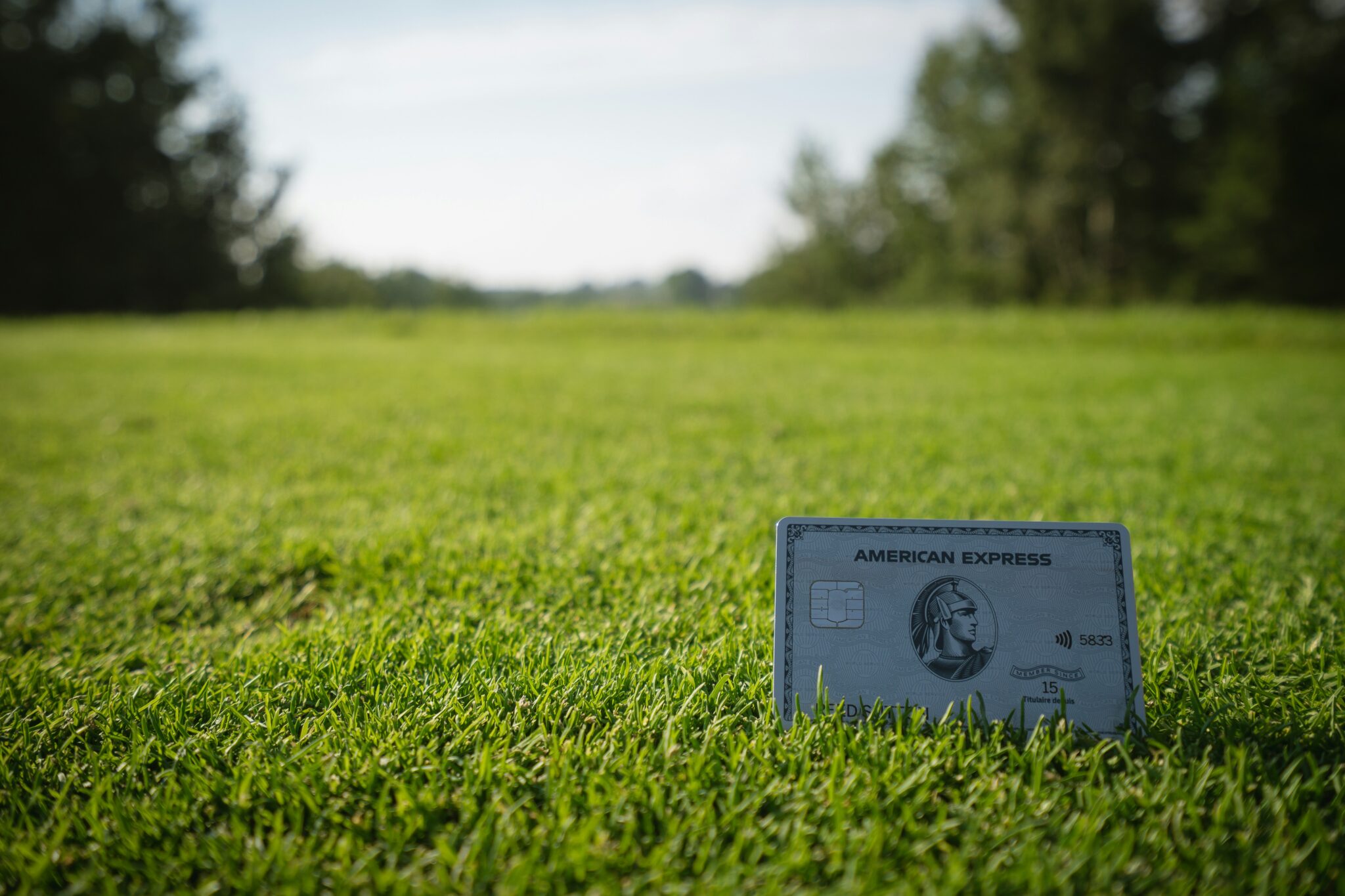 Photo of an AmEx Platinum card sitting in the grass.