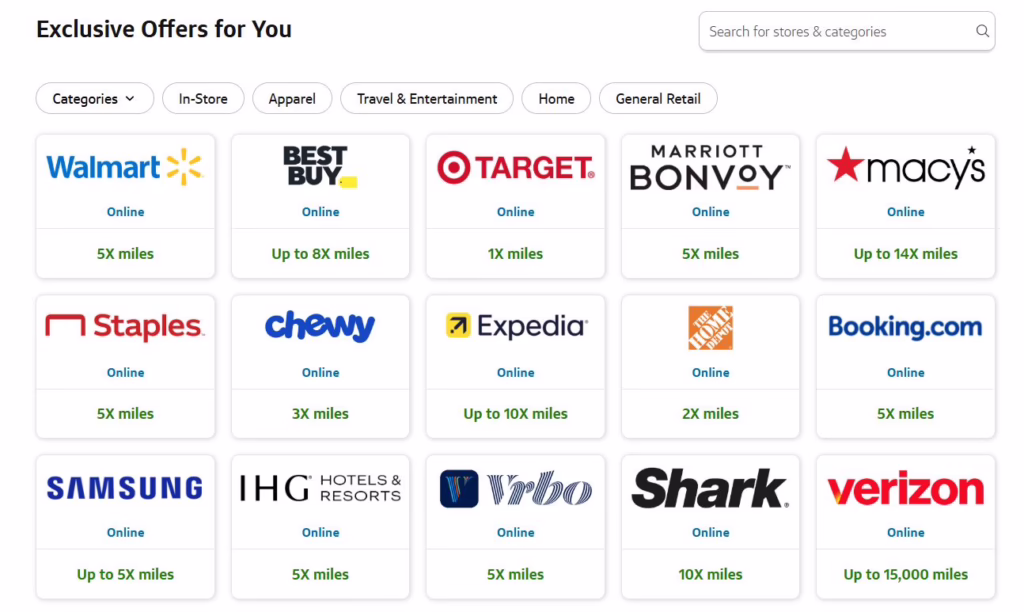 A screenshot of some of the exclusive Offers Capital one offers including up to 5X at Samsung and up to 15,000 miles on Verizon. They earn transferable Capital One miles.