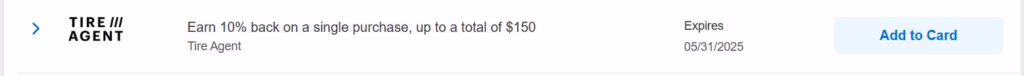 An American Express 10% back at Tire Agent offer to earn transferable AmEx points.