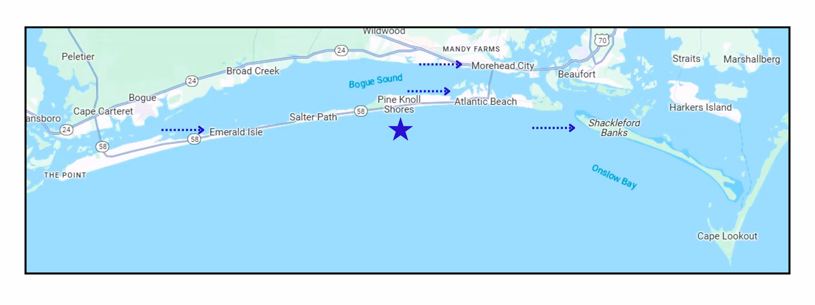 Map of Crystal Coast and Bogue Sound showing Emerald Isle, Pine Knoll Shores, Atlantic Beach, Shackleford Banks, and Morehead City.