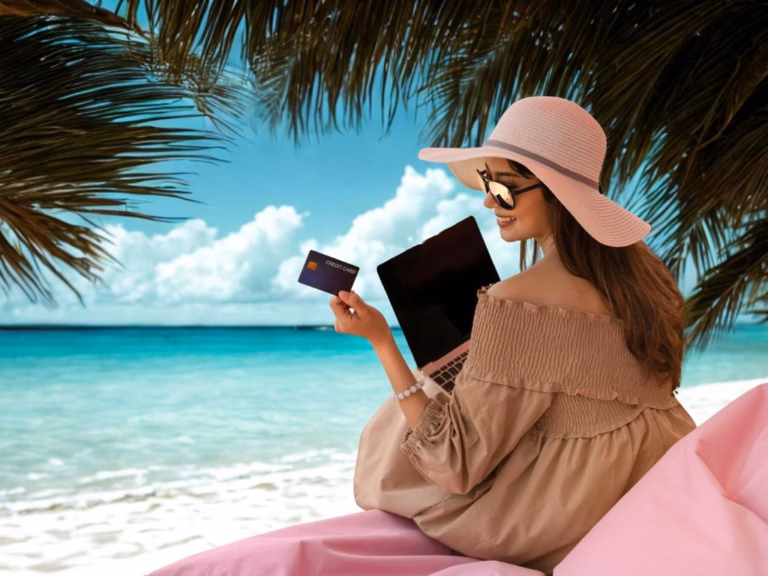 Woman on a tripical beach holding her laptop and credit card. sunhat and glasses with a smile on her face.