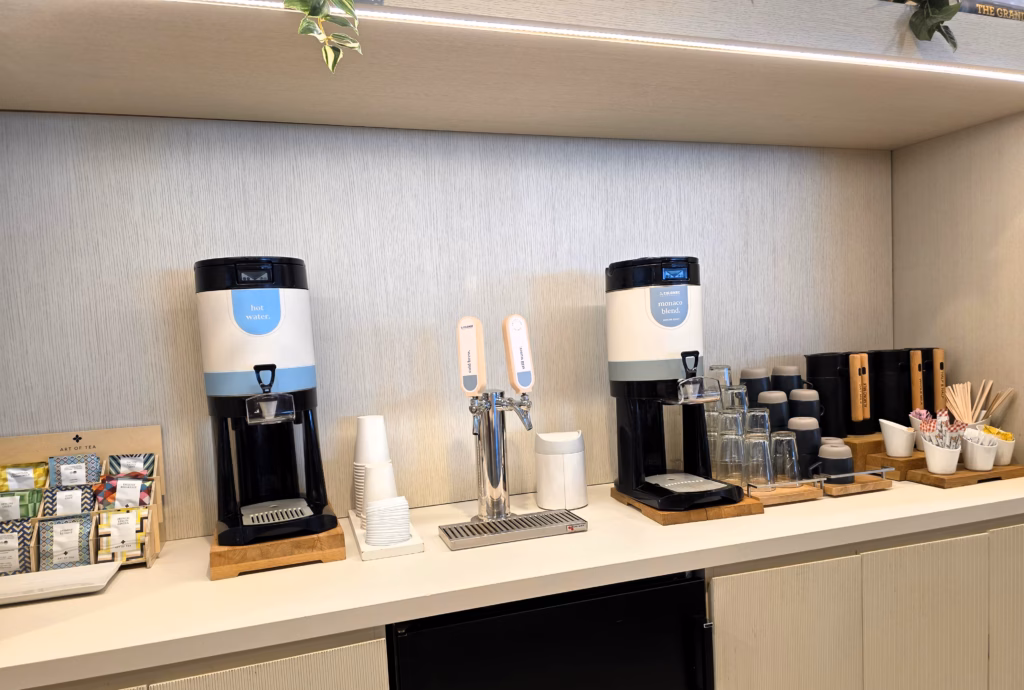 Self Serve coffee and tea station inside Capital One Lounge Denver Airport