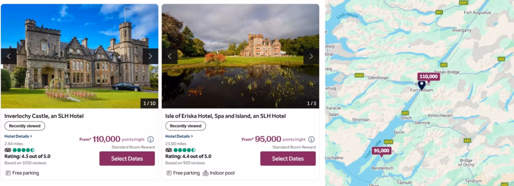SLH Scotland Properties. Fort William castle stay options in Scotland road trip itinerary, including Inverlochy Castle Hotel and Isle of Eriska Hotel with Hilton points and free night certificate.
