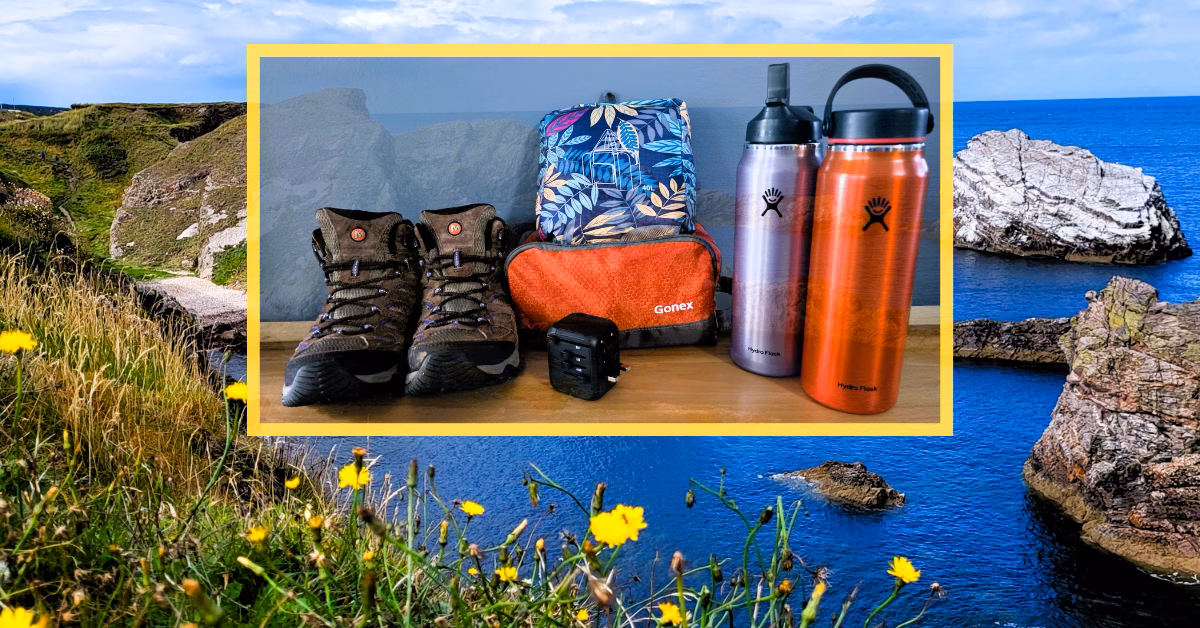 Scotland cliffs and sea with yellow flowers and inlay, travel products perfect for a Scotland road trip