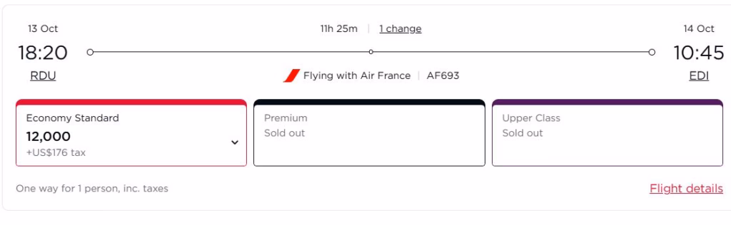 Business class award flight example for Scotland itinerary, RDU to Edinburgh on Lufthansa with lie-flat seat using United miles
