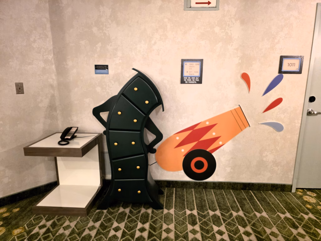 Cannon and dresser display on the tenth-floor What a Circus theme at this Denver Hilton Doubletree hotel.