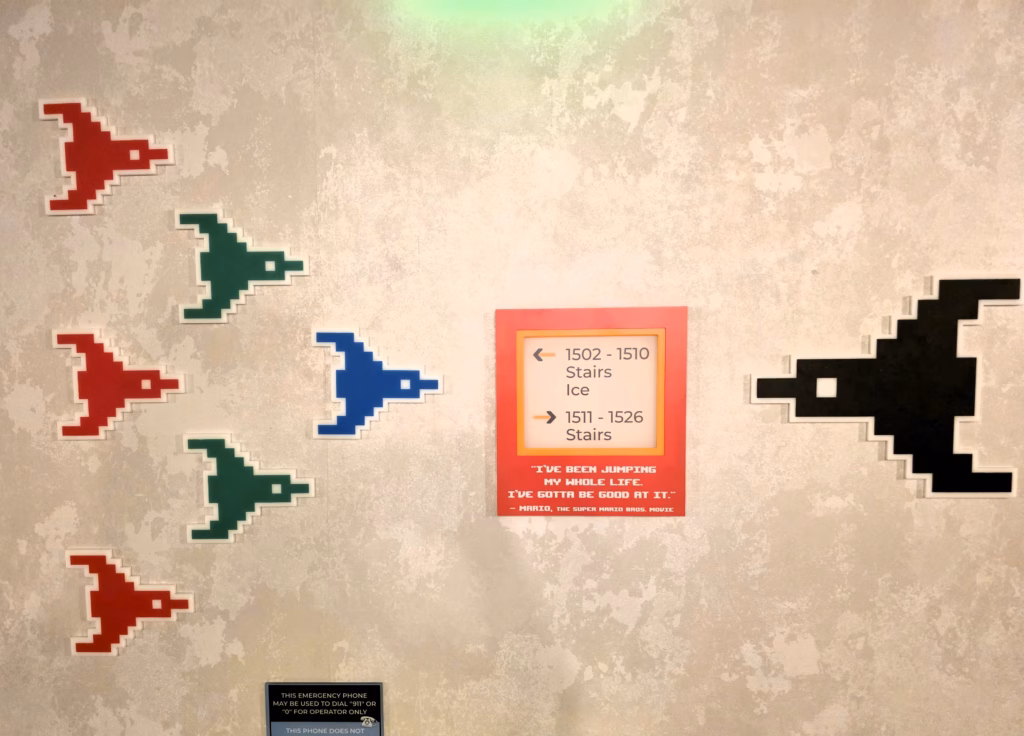 Video game-inspired wall décor on the Level Up themed fifteenth floor at The Curtis.