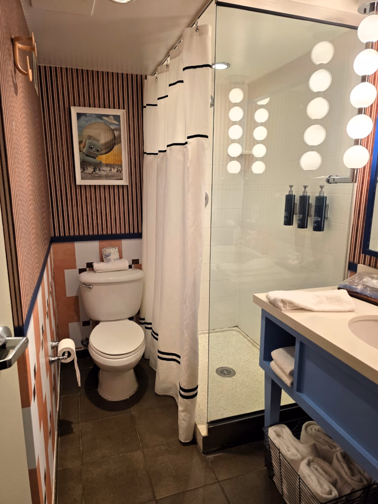 Modern bathroom inside a guest room at The Curtis Denver.