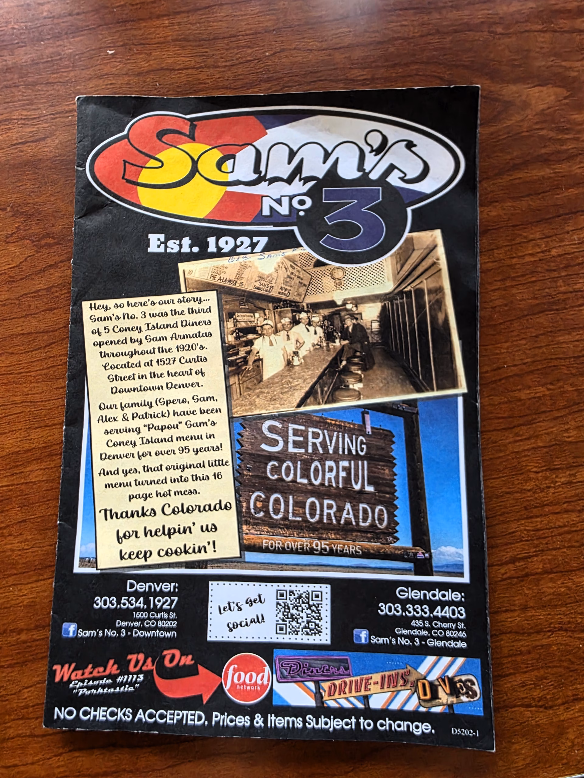 Front of Sam’s No. 3 diner menu, a popular restaurant near The Curtis Denver.