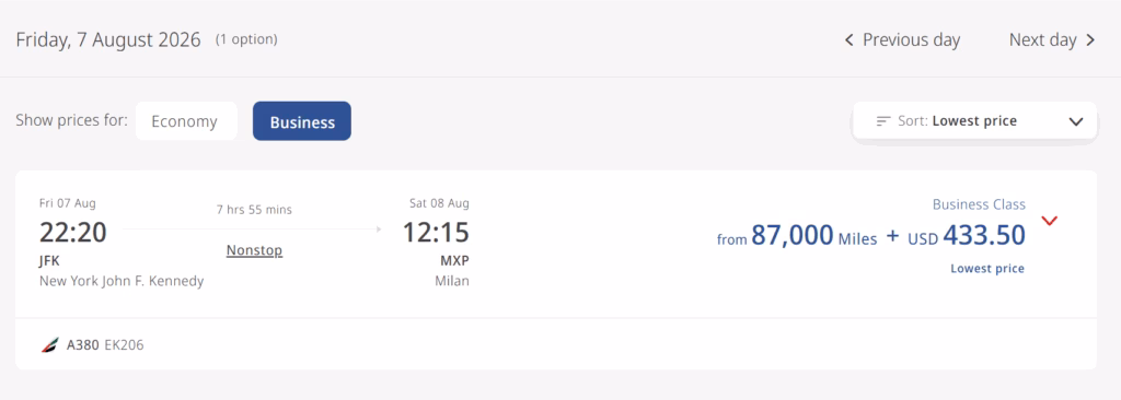 Emirates website points price plus taxes and fees for a JFK to MXP business class flight