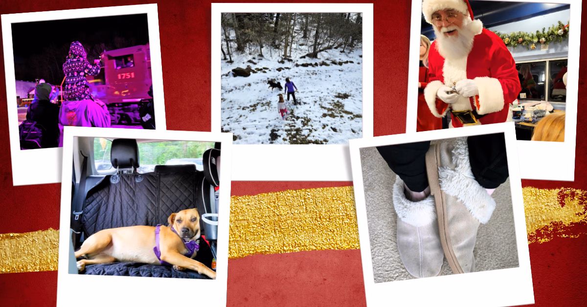 Family Christmas travel collage — Polar Express, Santa, winter road trip, cozy travel gear.