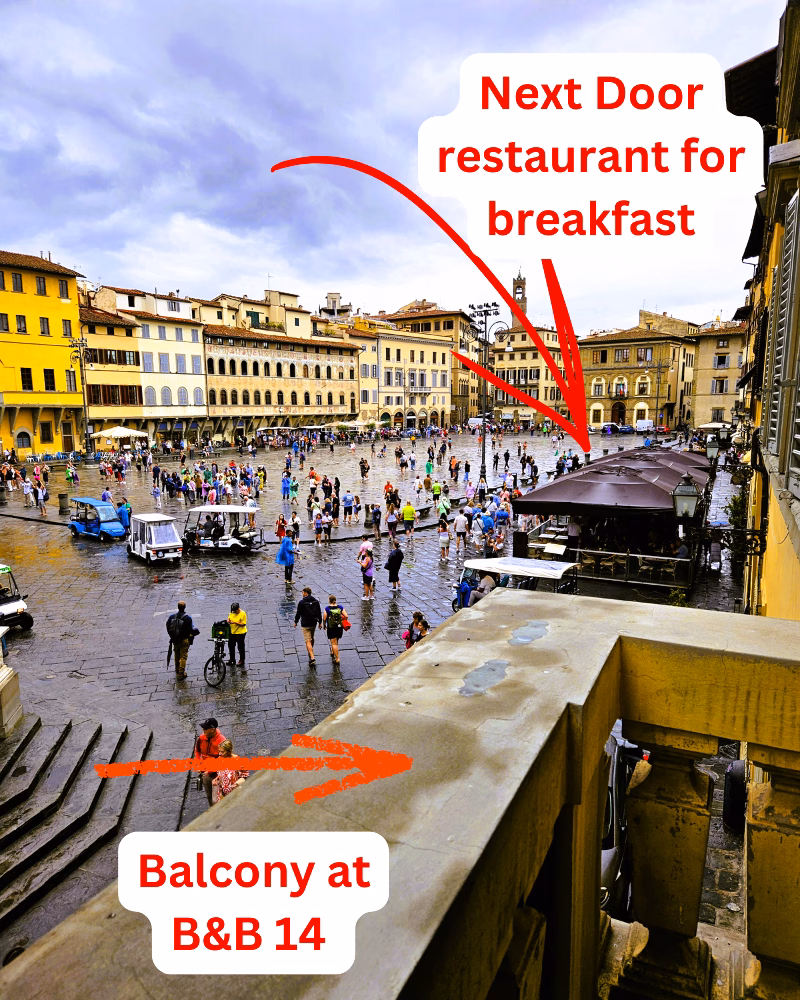 Balcony at B&B 14 Santa Croce and next door restaurant for breakfast