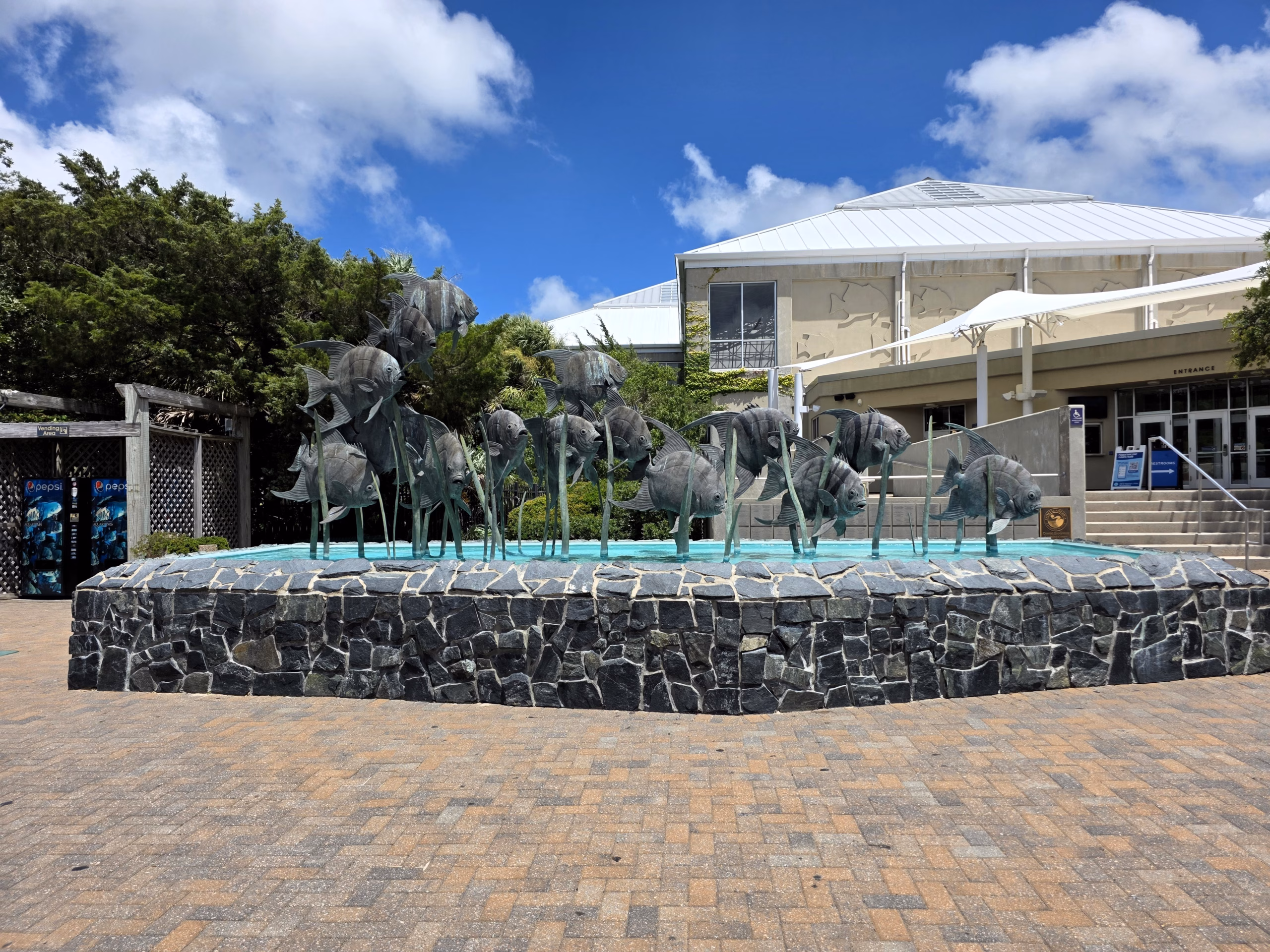 Fish sculpture fountain outside the North Carolina Aquarium at Fort Fisher entrance