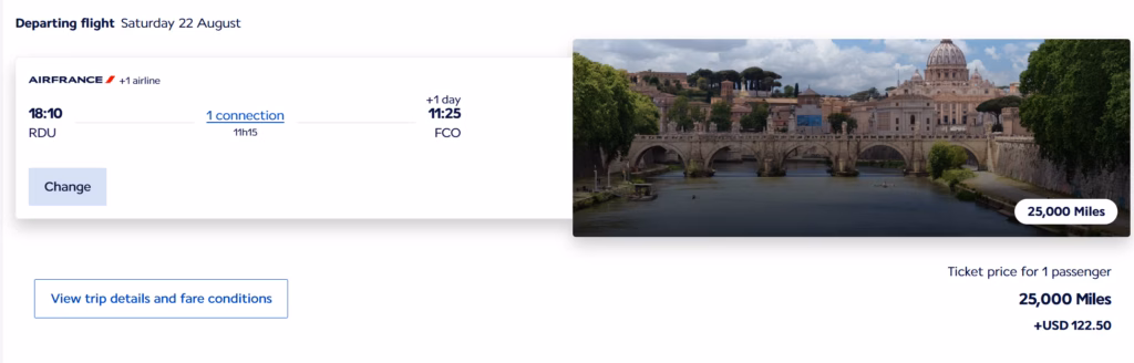 25k points economy flight RDU to FCO if booked on air france