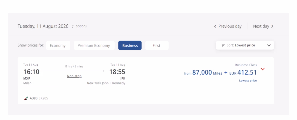 Emirates MXP to JFK business class flight on points